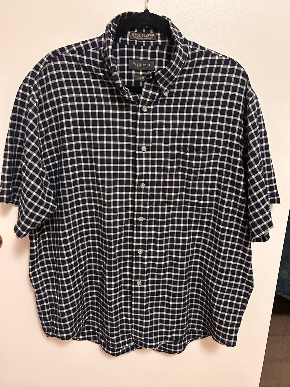 Van Heusen Navy and White Checked Short Sleeve Button-Down Shirt